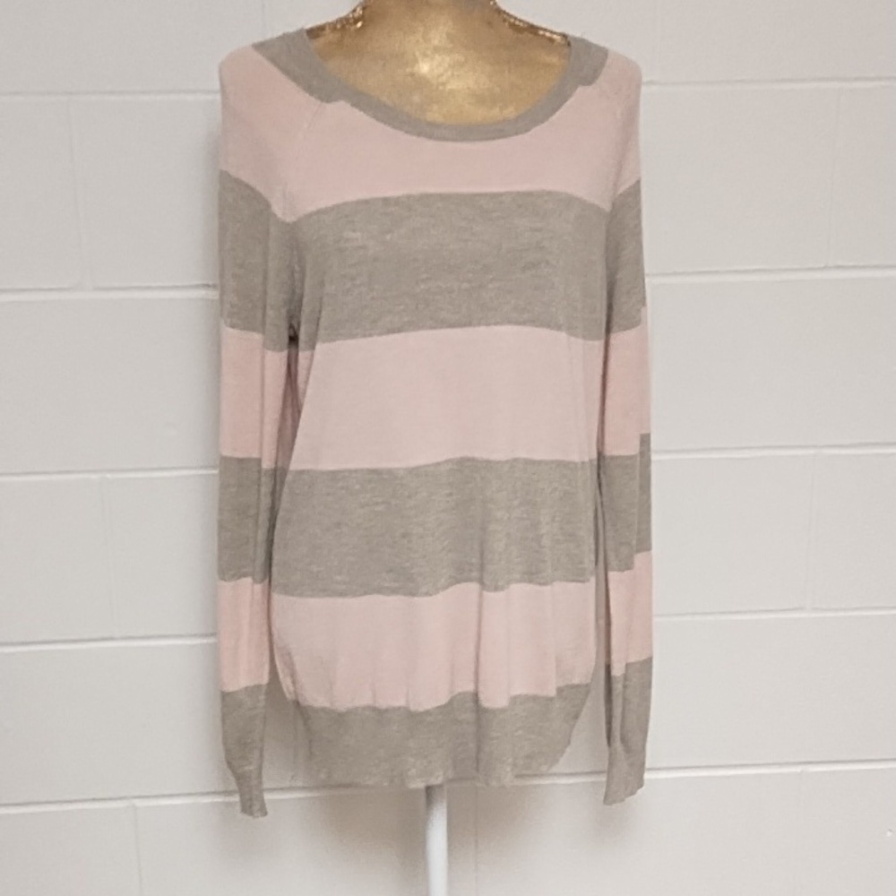 Pink & Taupe Grey Wide Stripe Fine Gauge Knit Sweater XL